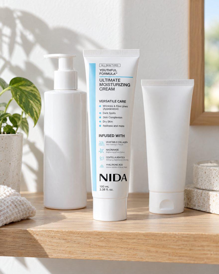 Toda la rutina: limpiador, crema hidratante y protector solar.